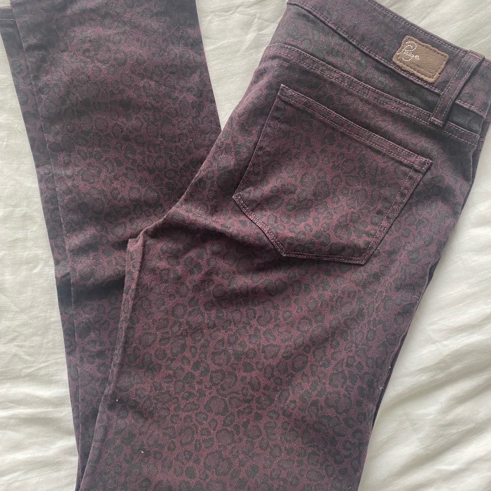 Paige Burgundy Skyline Peg Plum Black Leopard Skinny Jeans, Size 28